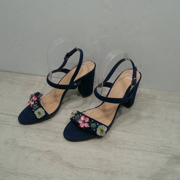 BP Navy Suede High Block Heels with Floral Embellishments Size 10 M - Picture 12 of 15